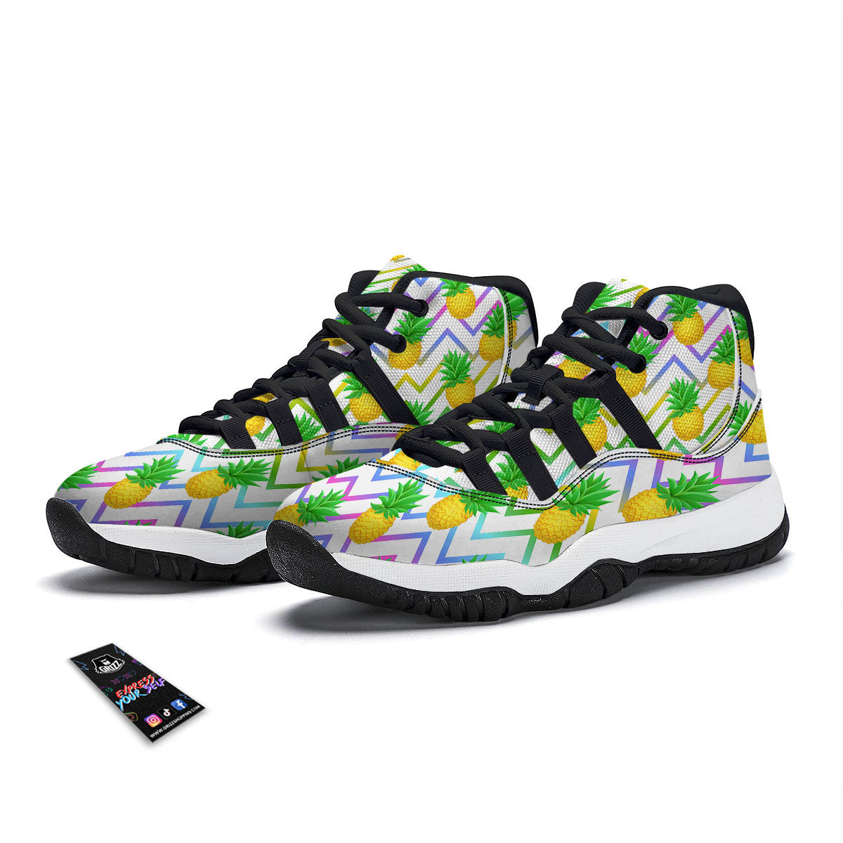 Zig Zag Neon Pineapple Print Pattern Black Bball Shoes-grizzshop