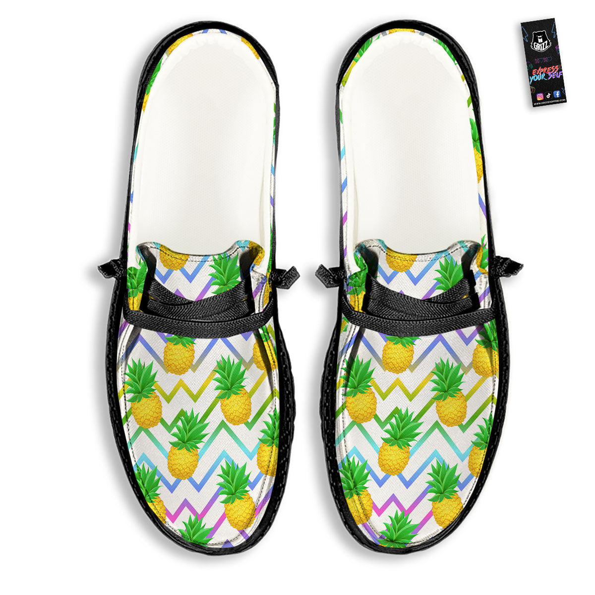 Zig Zag Neon Pineapple Print Pattern Black Loafers-grizzshop