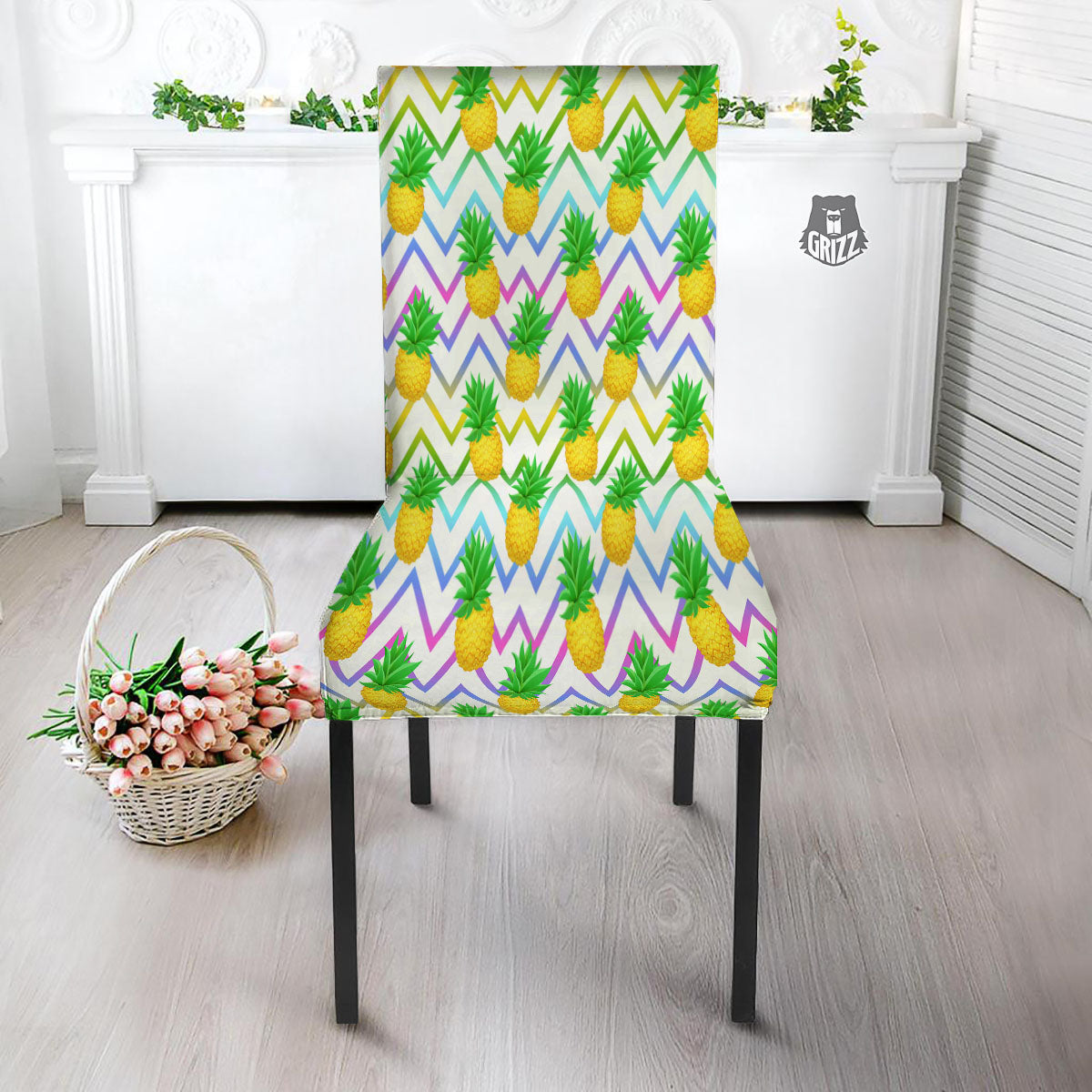 Zig Zag Neon Pineapple Print Pattern Dining Chair Slipcover-grizzshop