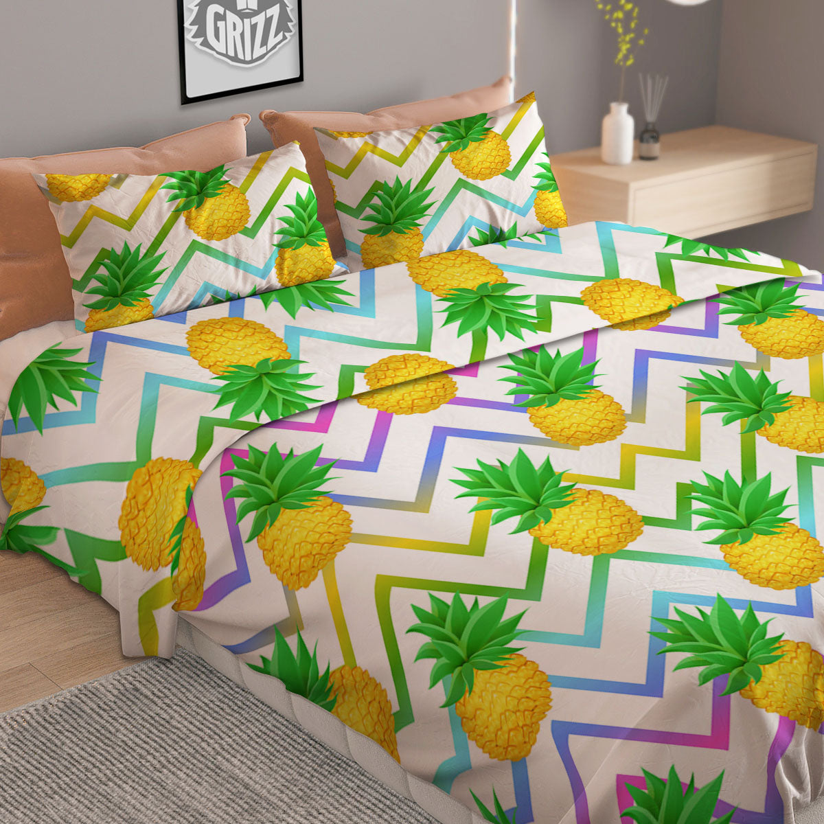 Zig Zag Neon Pineapple Print Pattern Duvet Cover Bedding Set