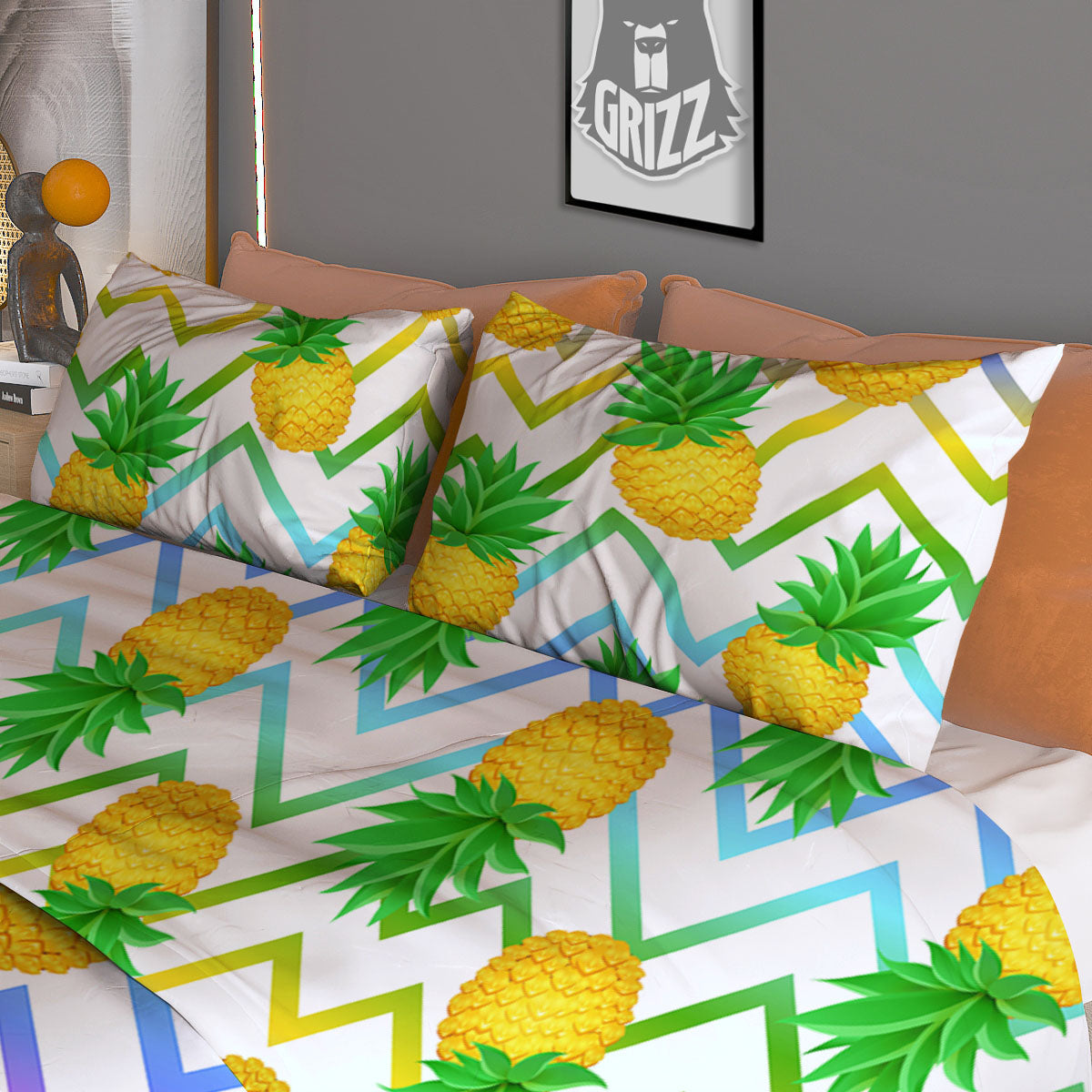Zig Zag Neon Pineapple Print Pattern Duvet Cover Bedding Set