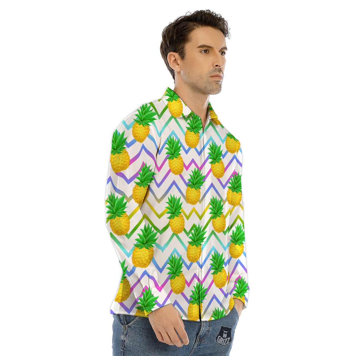 Zig Zag Neon Pineapple Print Pattern Men's Dress Shirts-grizzshop