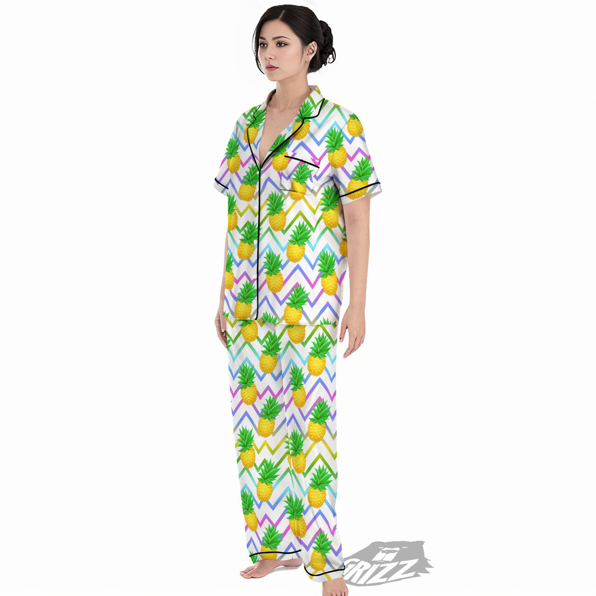 Zig Zag Neon Pineapple Print Pattern Women's Pajamas Set-grizzshop