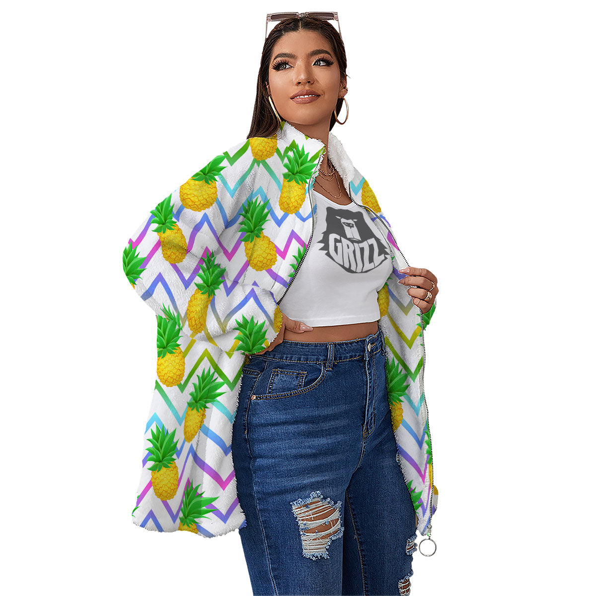Zig Zag Neon Pineapple Print Pattern Women's Sherpa Jacket-grizzshop