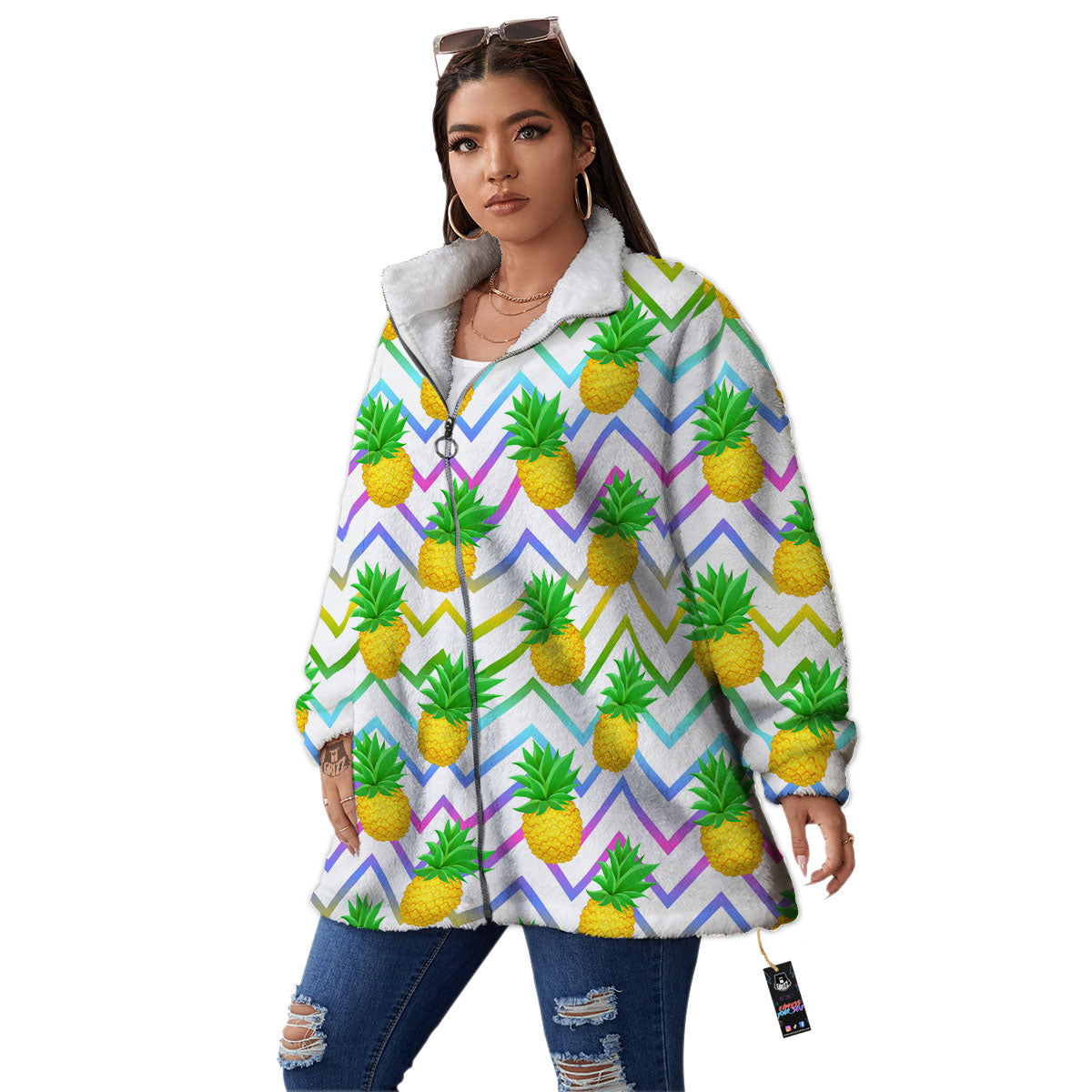 Zig Zag Neon Pineapple Print Pattern Women's Sherpa Jacket-grizzshop