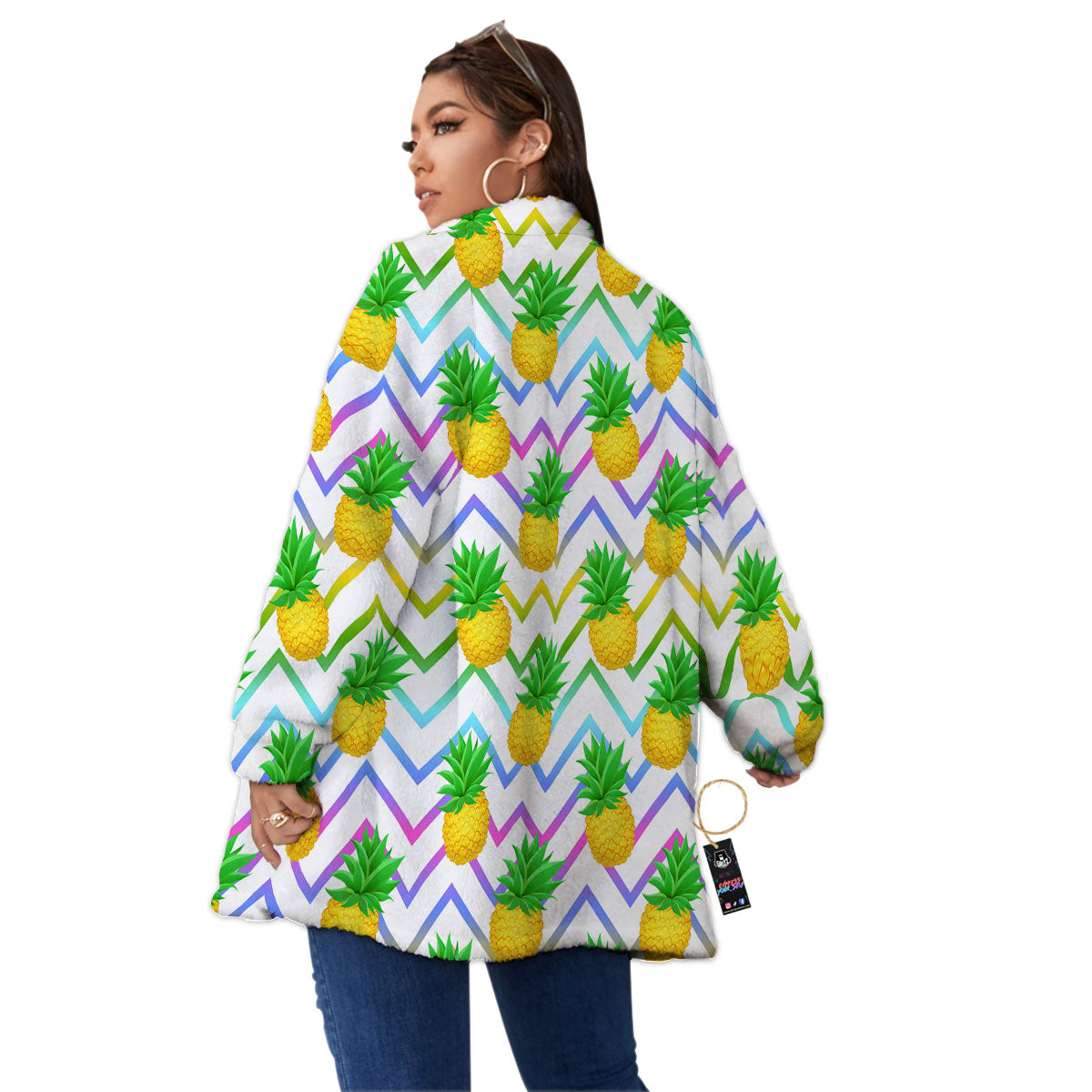 Zig Zag Neon Pineapple Print Pattern Women's Sherpa Jacket-grizzshop