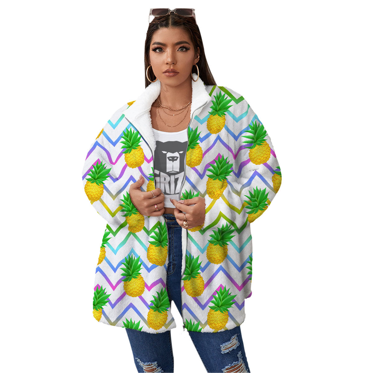 Zig Zag Neon Pineapple Print Pattern Women's Sherpa Jacket-grizzshop