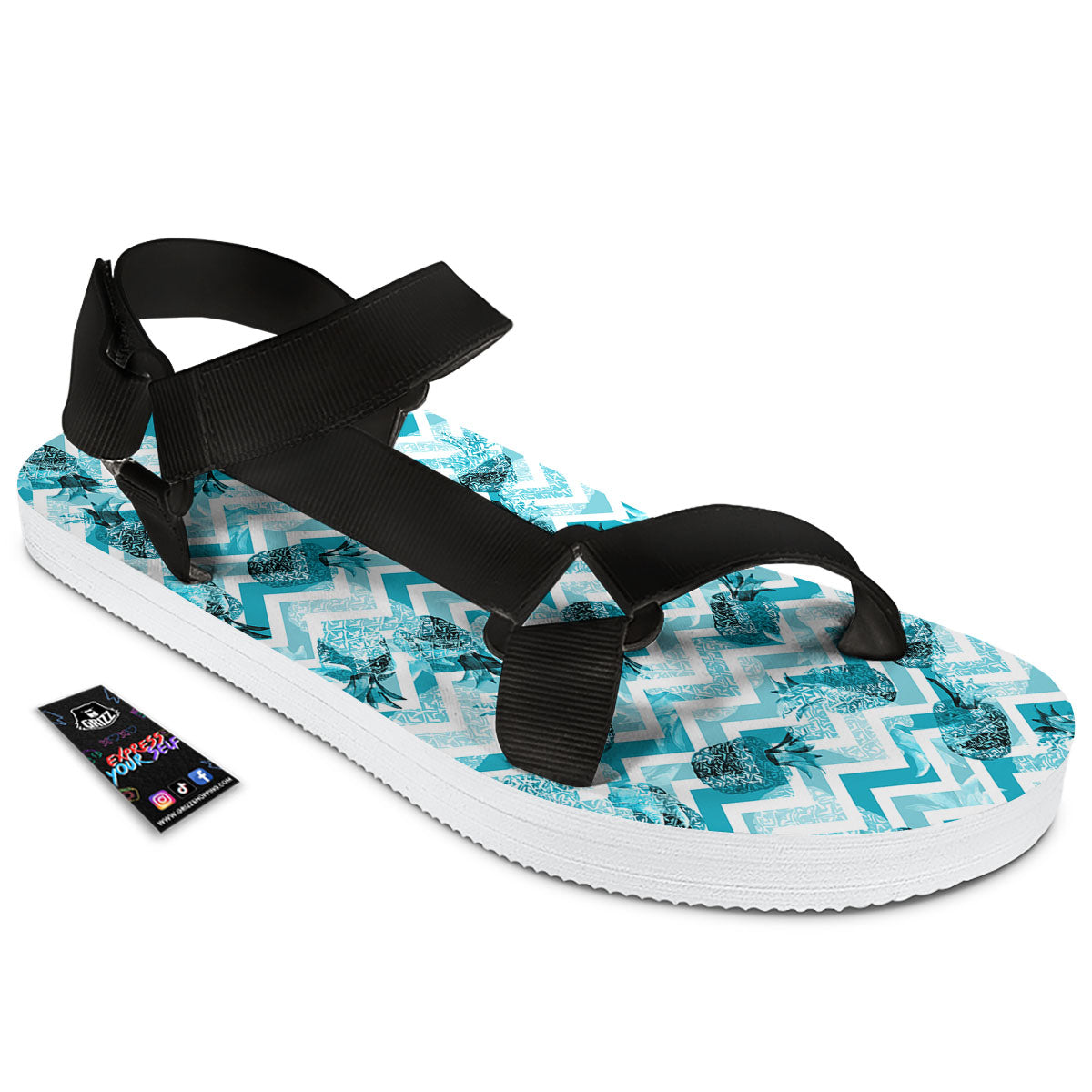 Zig Zag Pastel Pineapple Print Pattern Black Open Toe Sandals-grizzshop