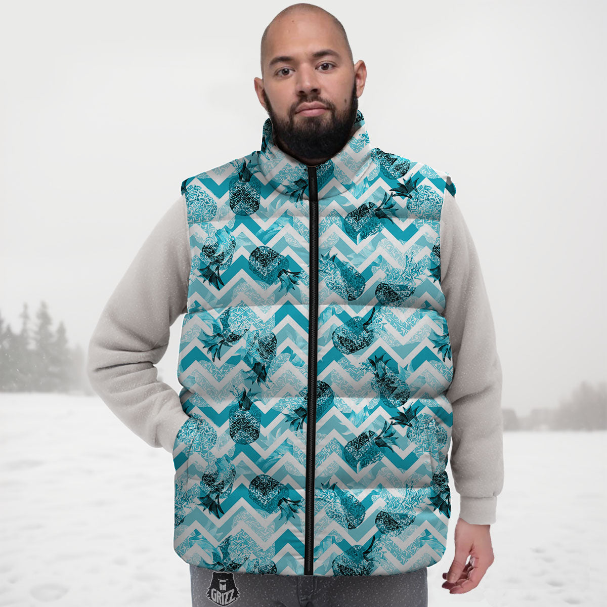 Zig Zag Pastel Pineapple Print Pattern Down Vest-grizzshop