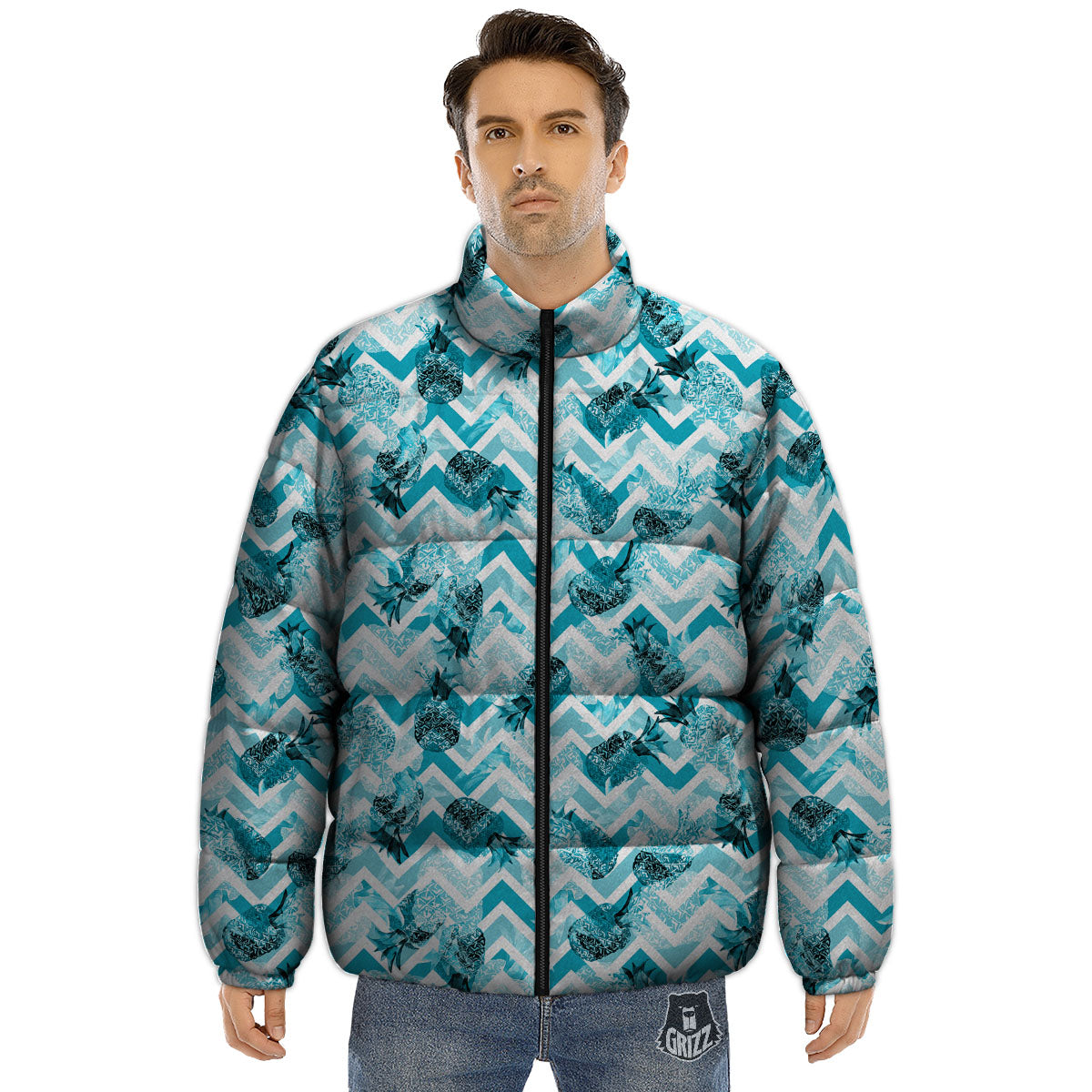 Zig Zag Pastel Pineapple Print Pattern Puffer Jacket-grizzshop