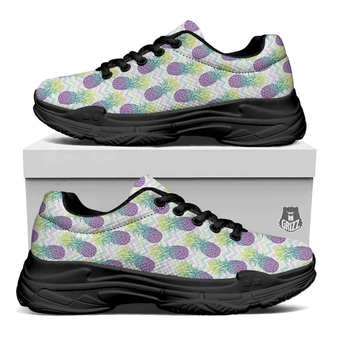Zig Zag Pineapple Bright Print Pattern Black Chunky Shoes-grizzshop