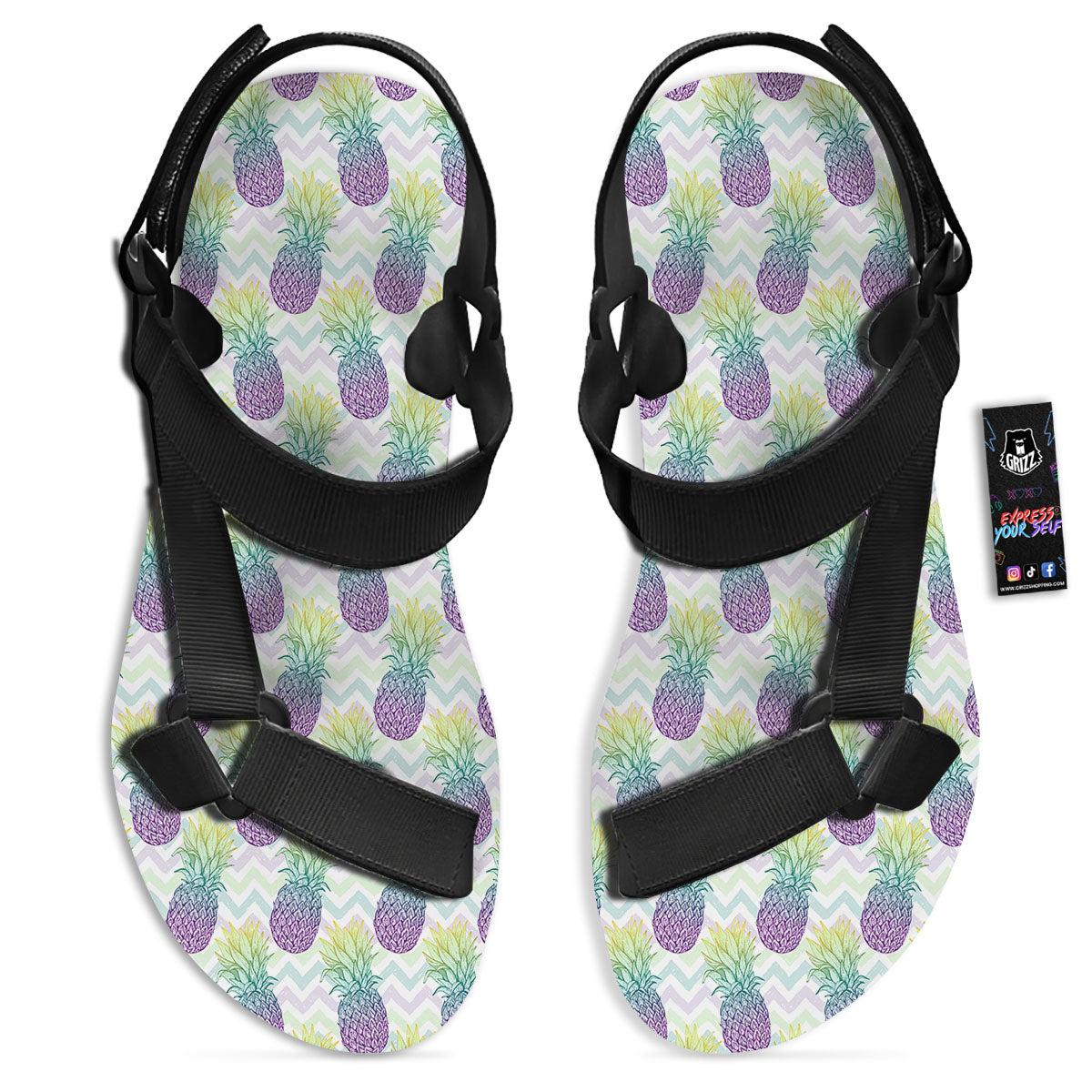 Zig Zag Pineapple Bright Print Pattern Black Open Toe Sandals-grizzshop