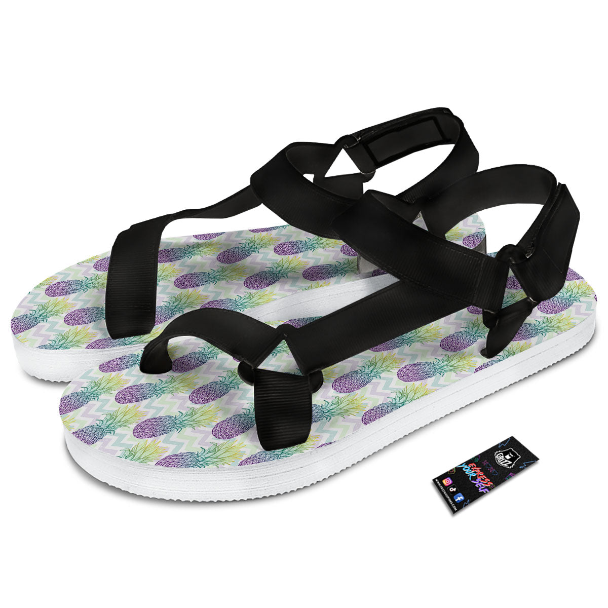Zig Zag Pineapple Bright Print Pattern Black Open Toe Sandals-grizzshop