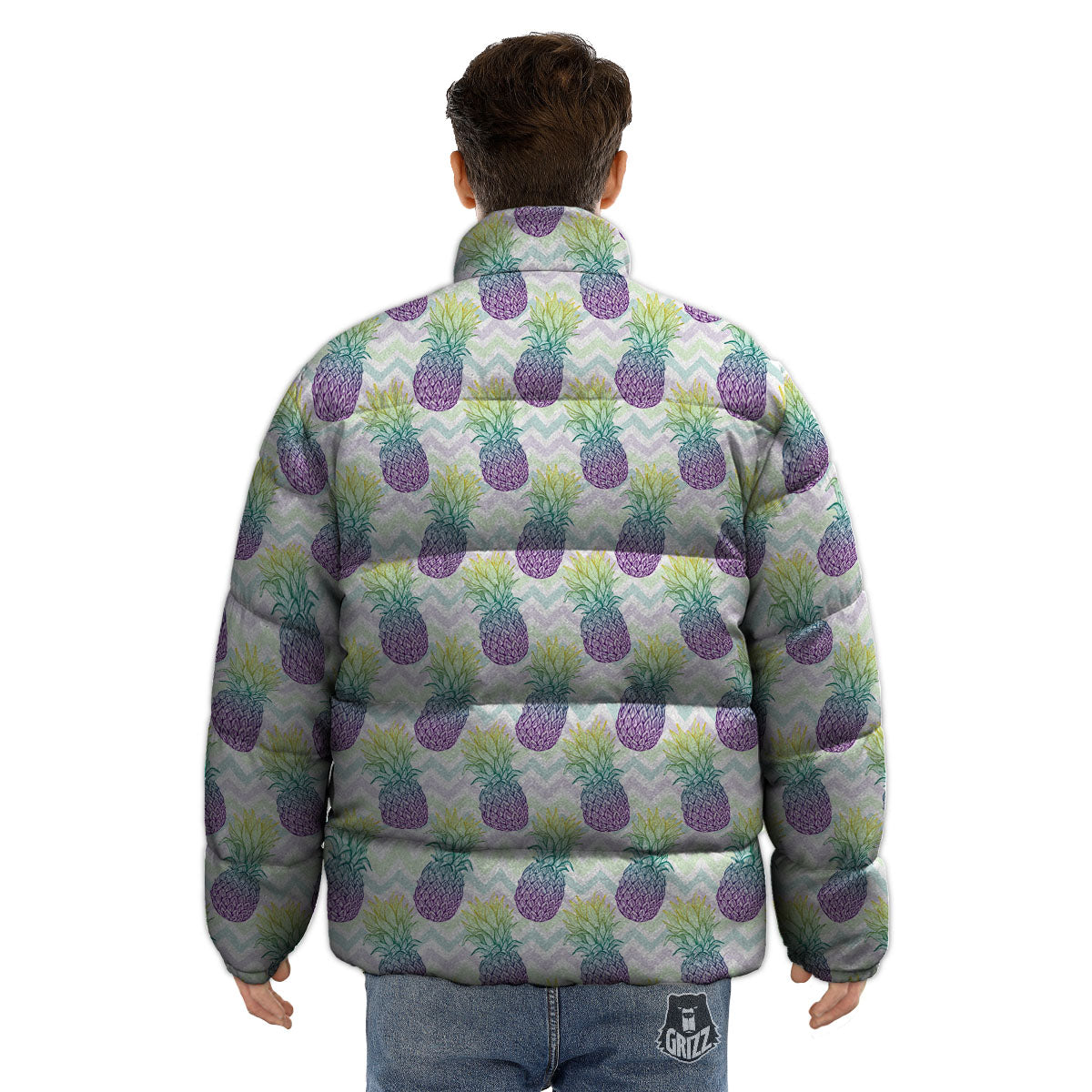 Zig Zag Pineapple Bright Print Pattern Puffer Jacket-grizzshop