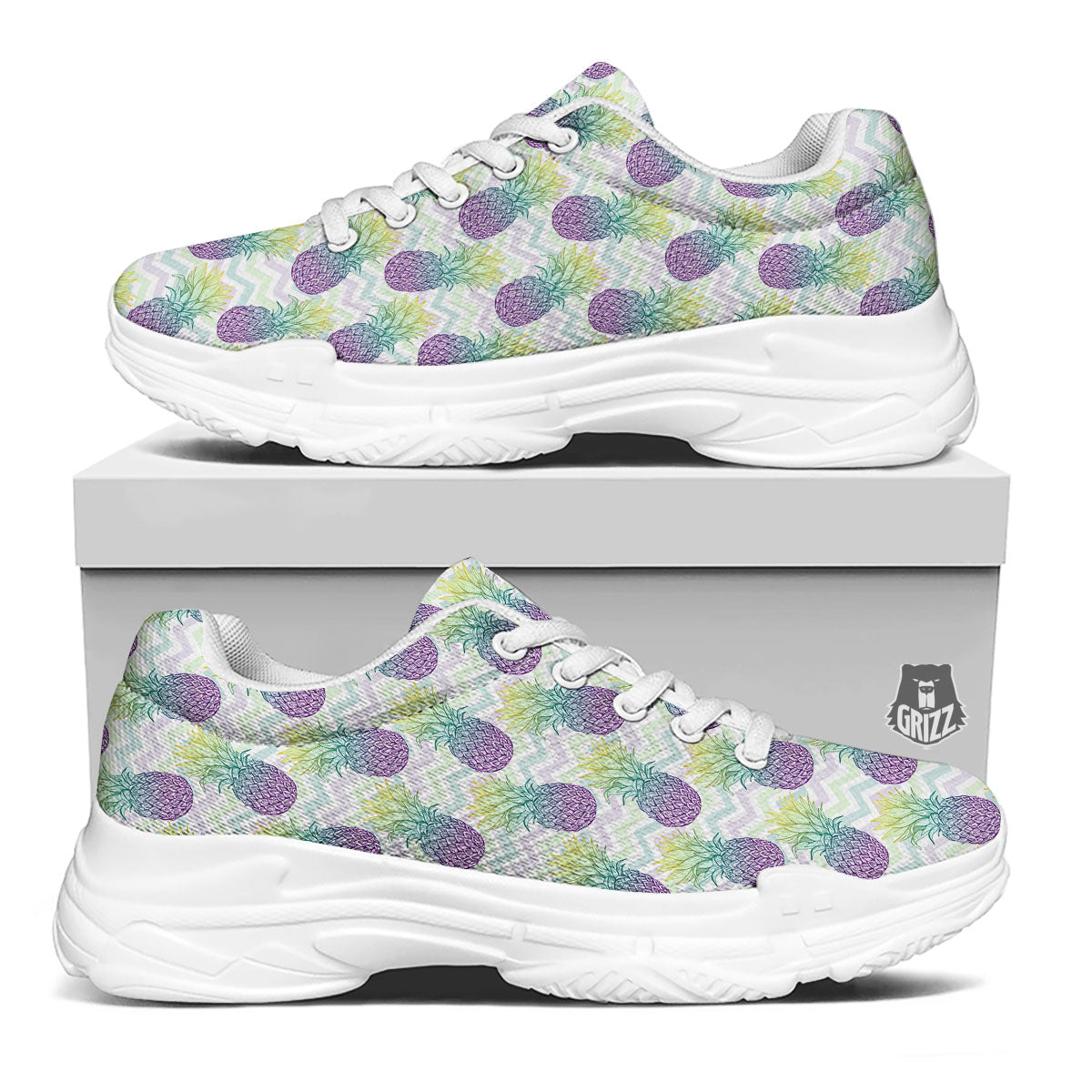 Zig Zag Pineapple Bright Print Pattern White Chunky Shoes-grizzshop