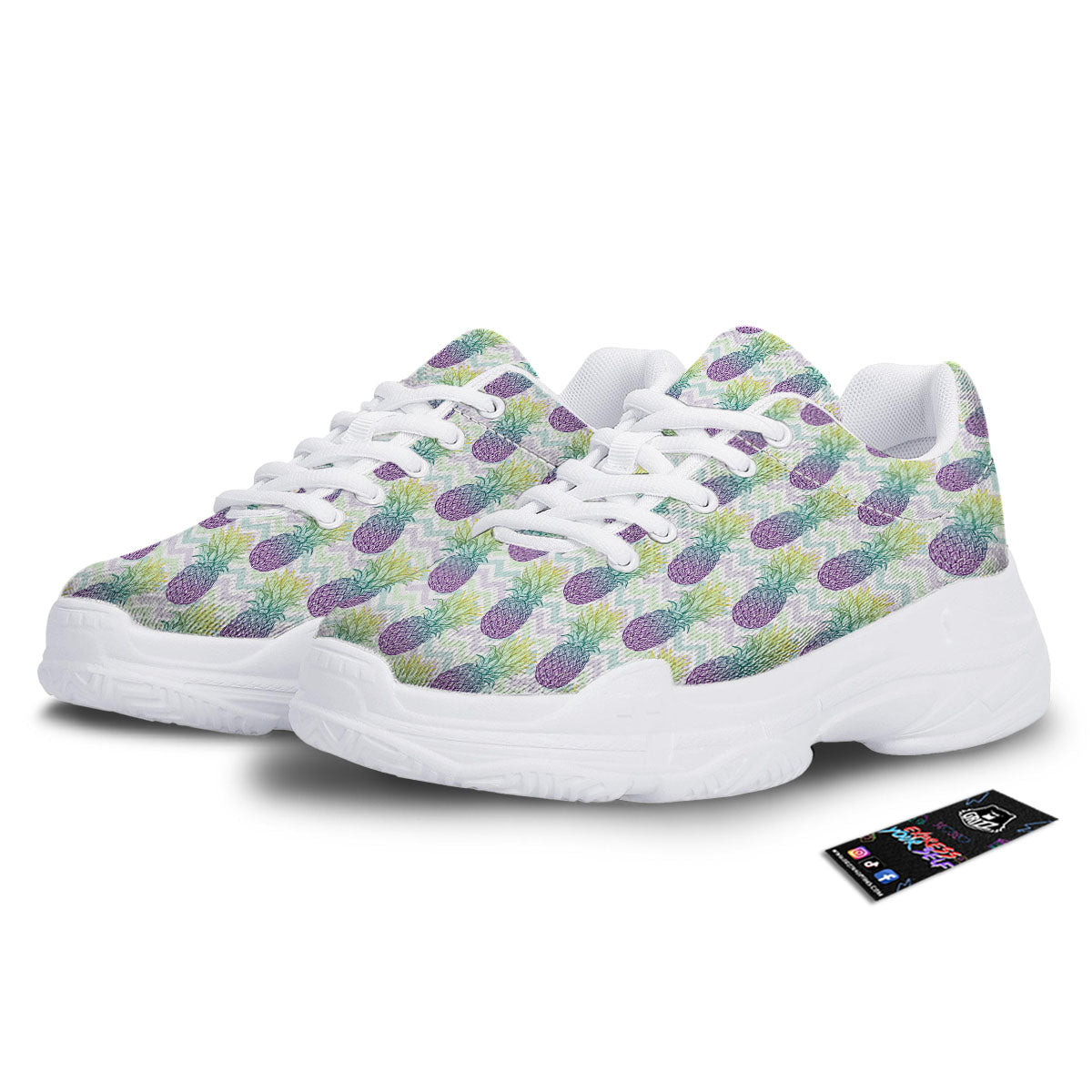 Zig Zag Pineapple Bright Print Pattern White Chunky Shoes-grizzshop