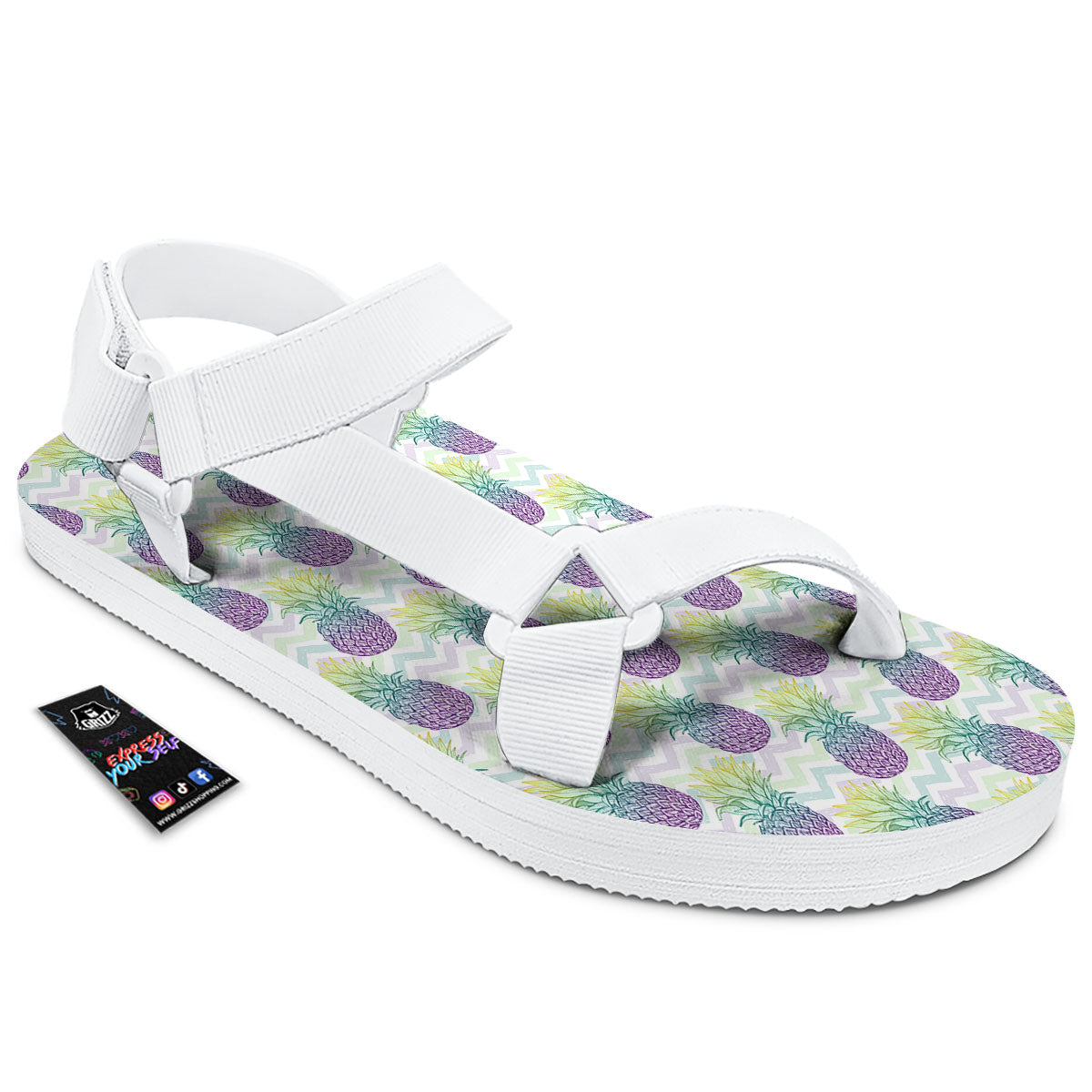 Zig Zag Pineapple Bright Print Pattern White Open Toe Sandals-grizzshop
