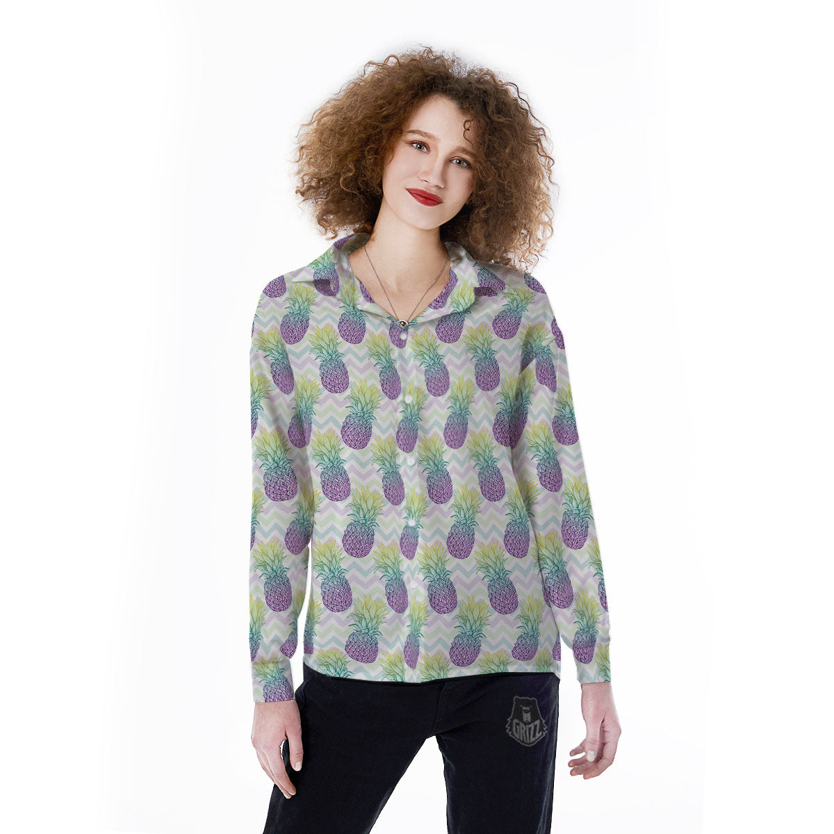 Zig Zag Pineapple Bright Print Pattern Women's Long Sleeve Shirts-grizzshop