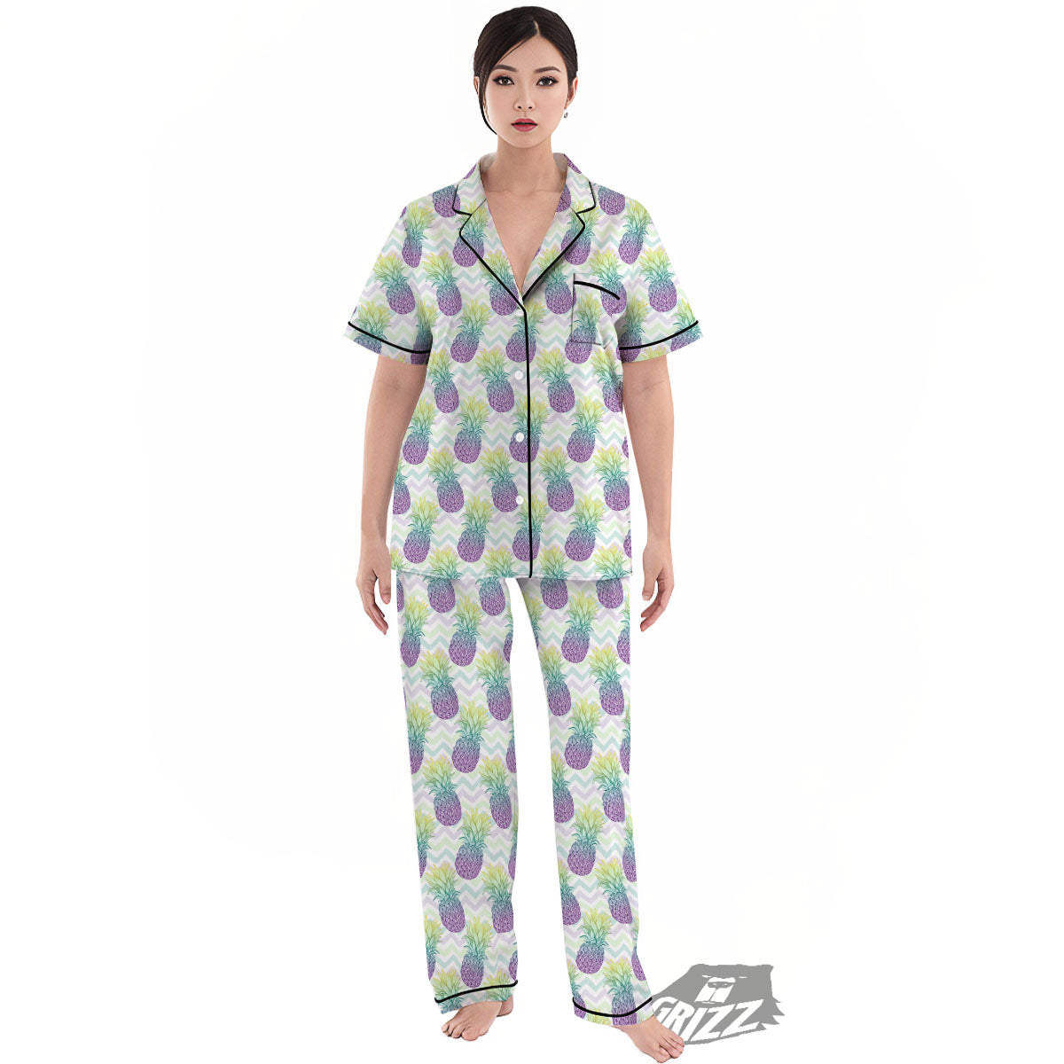 Zig Zag Pineapple Bright Print Pattern Women's Pajamas Set-grizzshop
