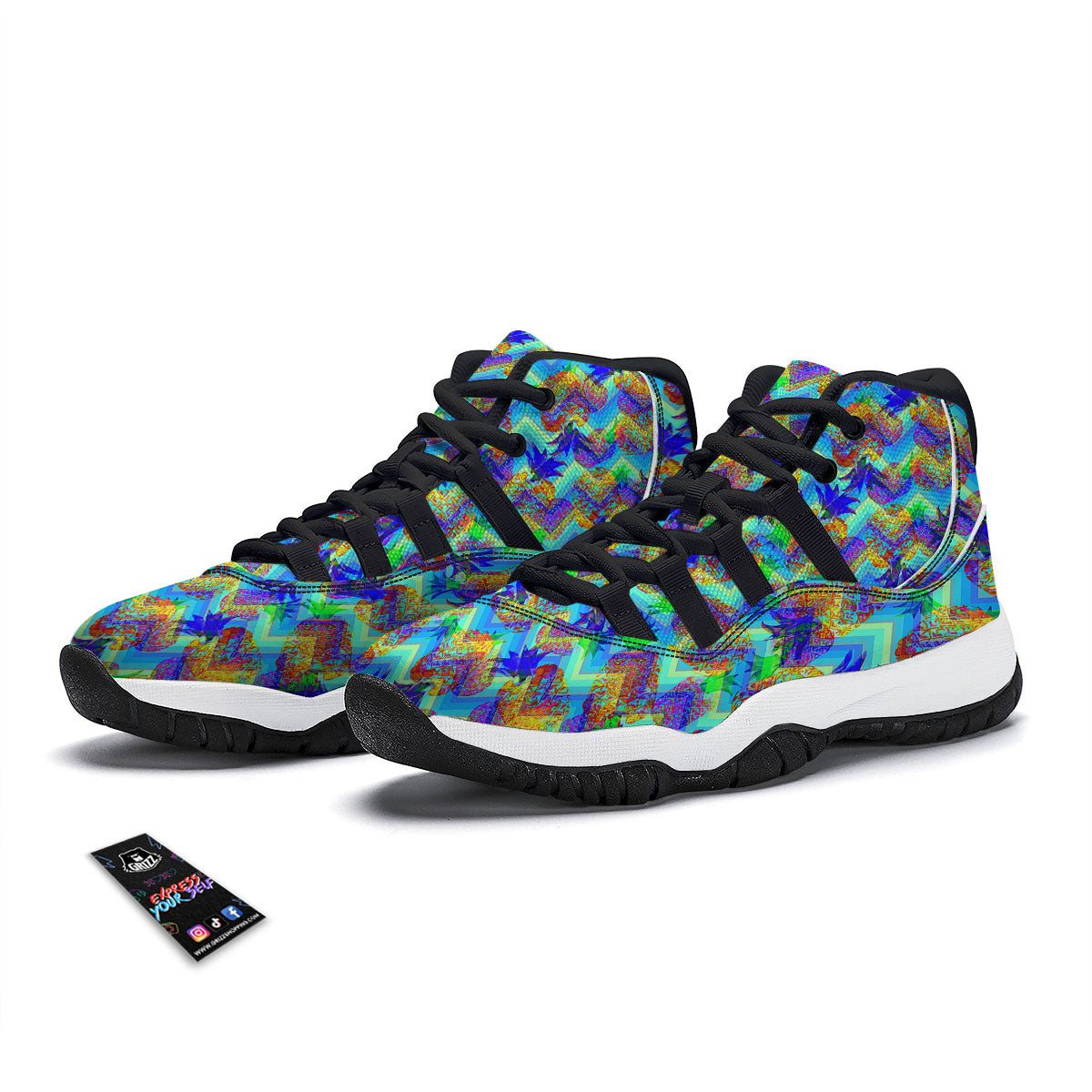 Zig Zag Pineapple Neon EDM Print Pattern Black Bball Shoes-grizzshop