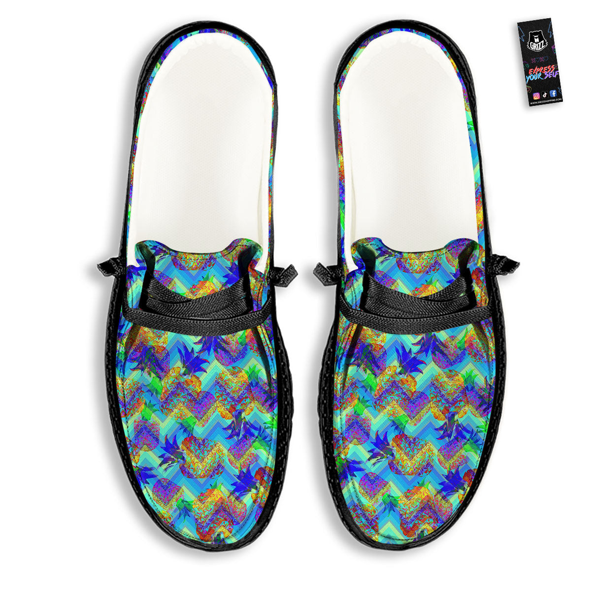 Zig Zag Pineapple Neon EDM Print Pattern Black Loafers-grizzshop