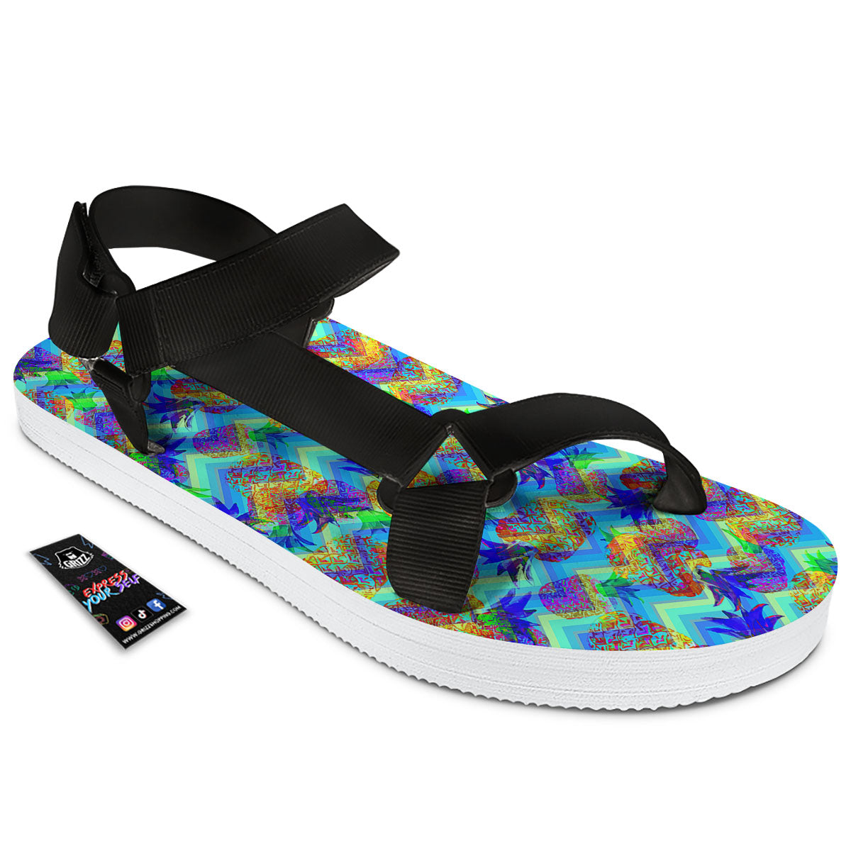 Zig Zag Pineapple Neon EDM Print Pattern Black Open Toe Sandals-grizzshop