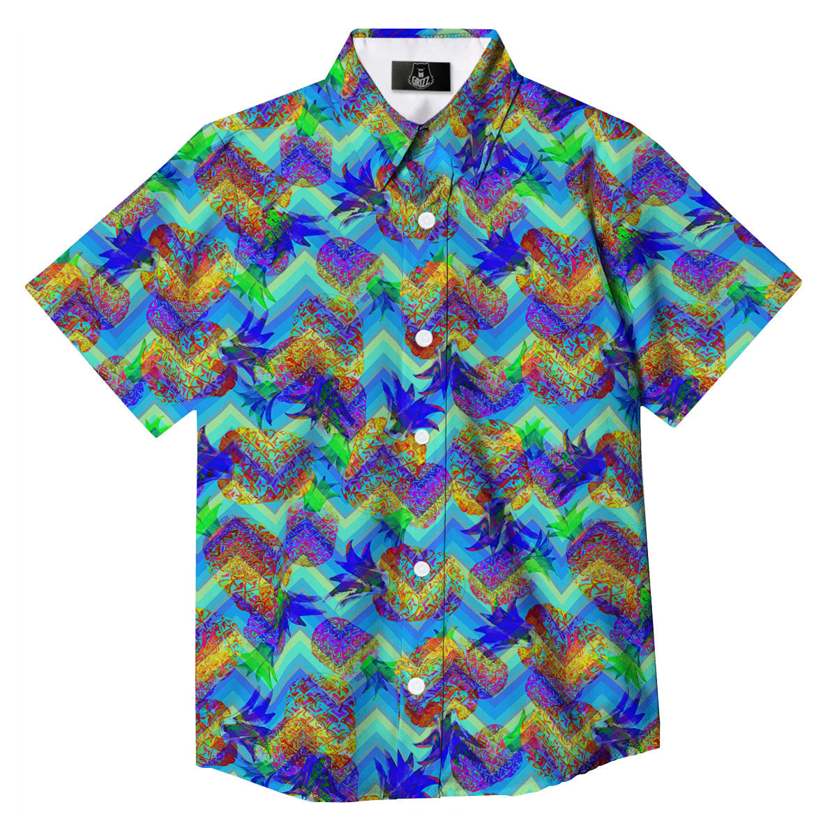 Zig Zag Pineapple Neon EDM Print Pattern Button Up Shirt-grizzshop