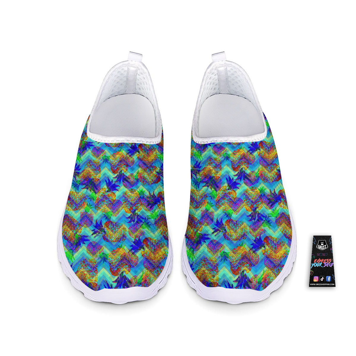 Zig Zag Pineapple Neon EDM Print Pattern Nurse Shoes-grizzshop