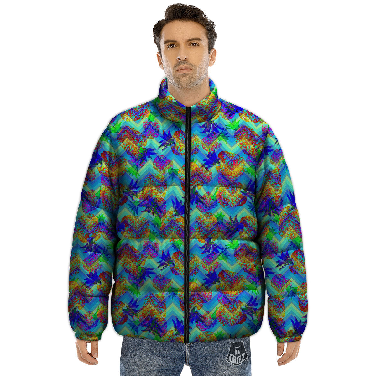 Zig Zag Pineapple Neon EDM Print Pattern Puffer Jacket-grizzshop