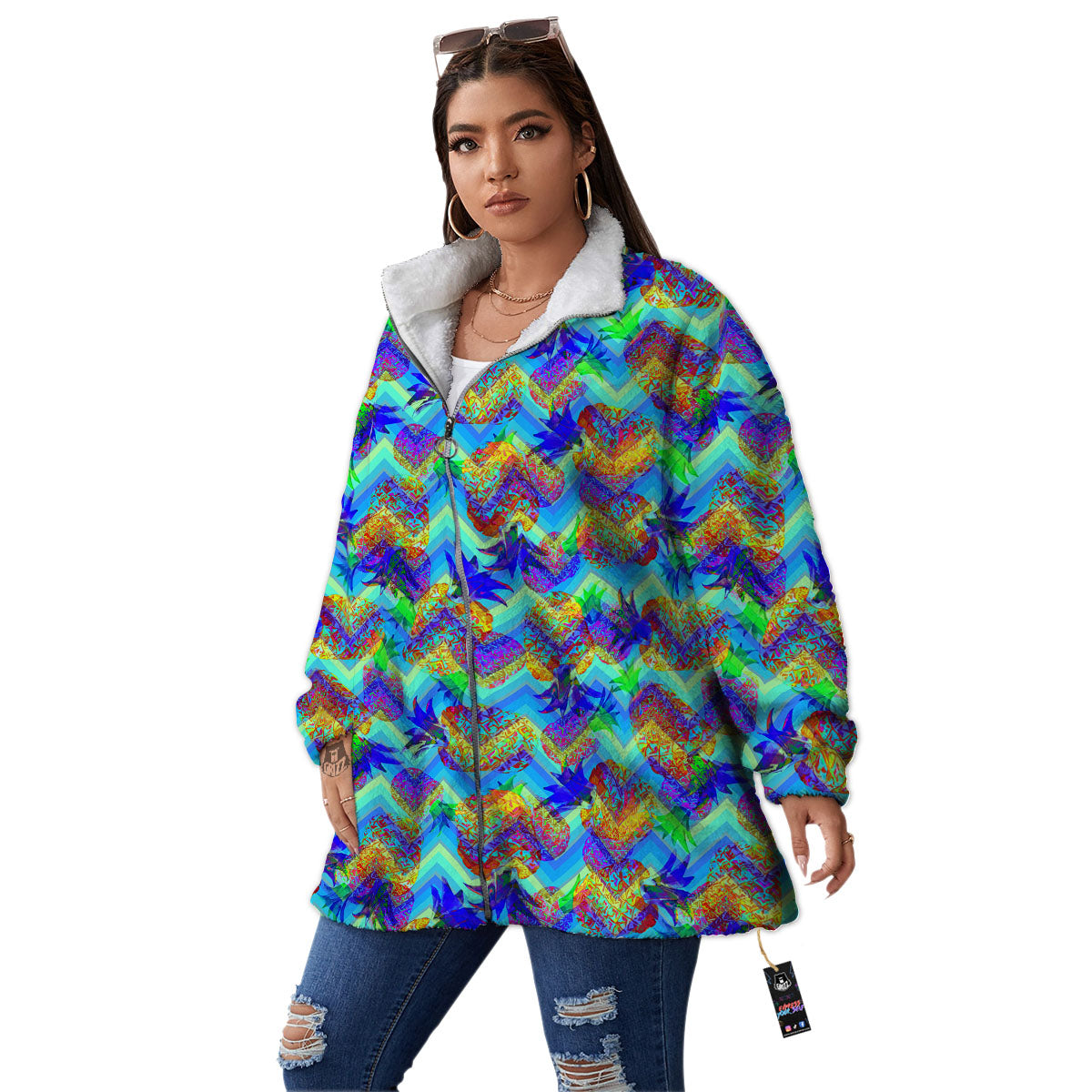 Zig Zag Pineapple Neon EDM Print Pattern Women's Sherpa Jacket-grizzshop