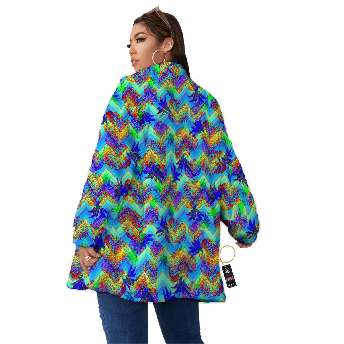 Zig Zag Pineapple Neon EDM Print Pattern Women's Sherpa Jacket-grizzshop
