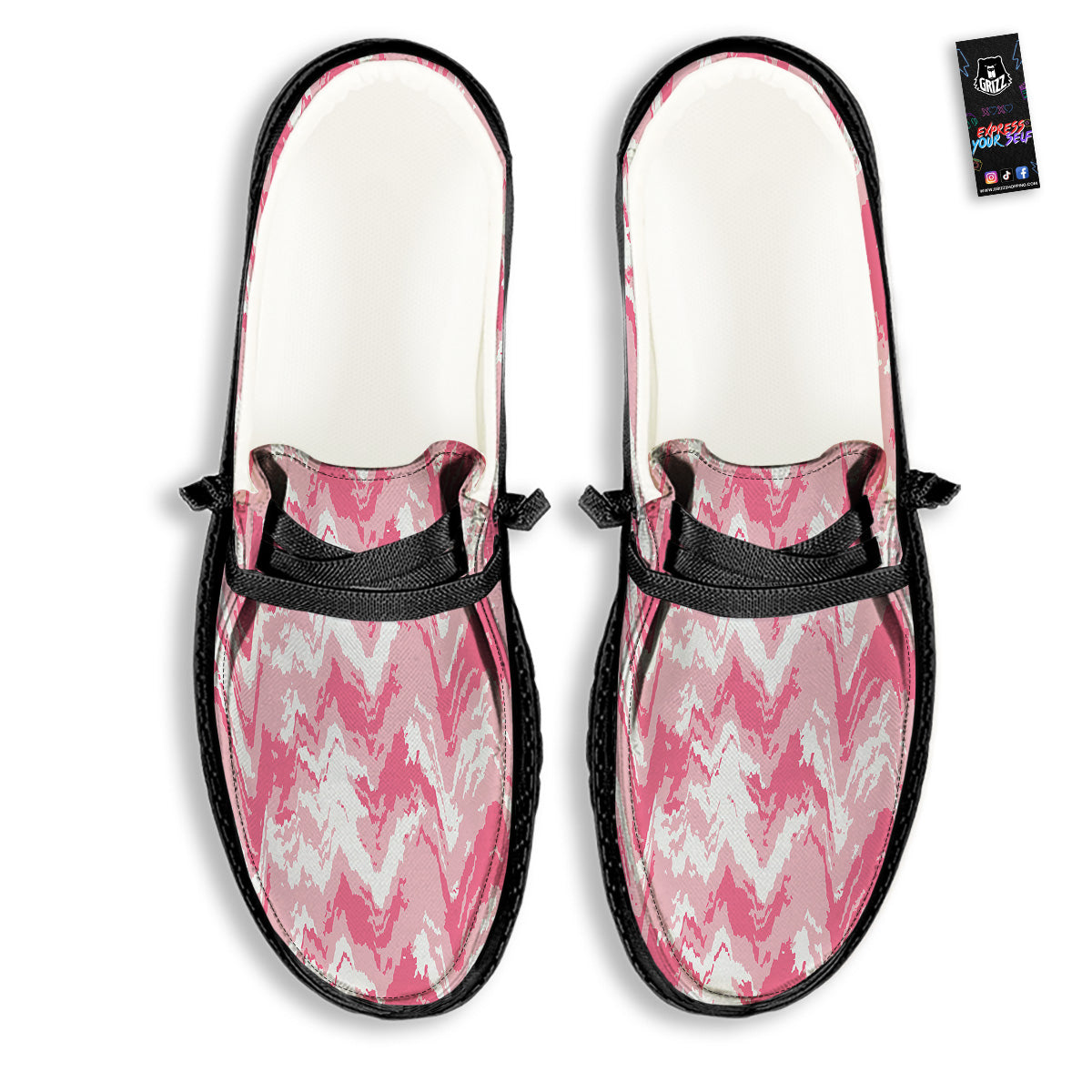 Zigzag Abstract Stripes Pink Print Pattern Black Loafers-grizzshop
