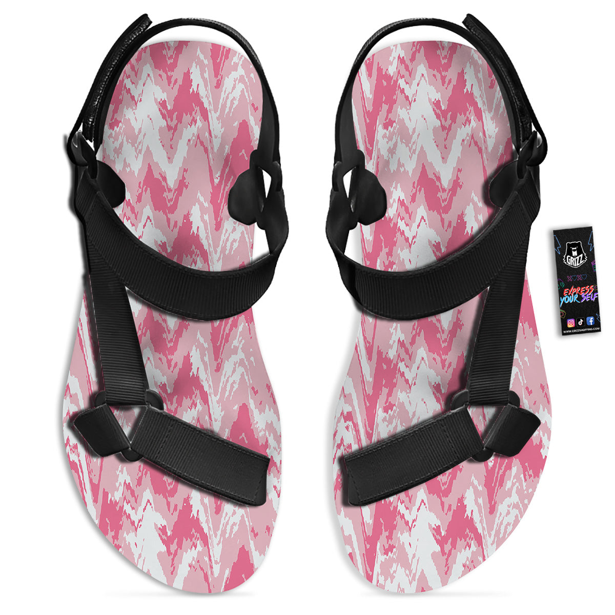 Zigzag Abstract Stripes Pink Print Pattern Black Open Toe Sandals-grizzshop
