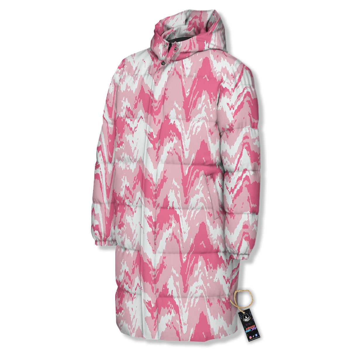Zigzag Abstract Stripes Pink Print Pattern Long Down Jacket-grizzshop