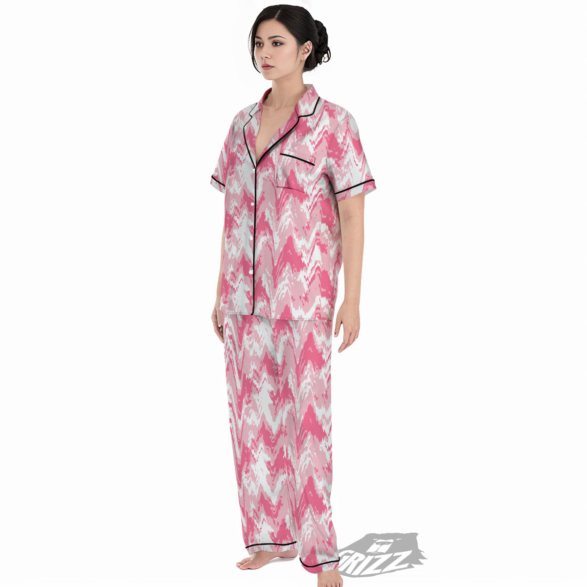 Zigzag Abstract Stripes Pink Print Pattern Women's Pajamas Set-grizzshop