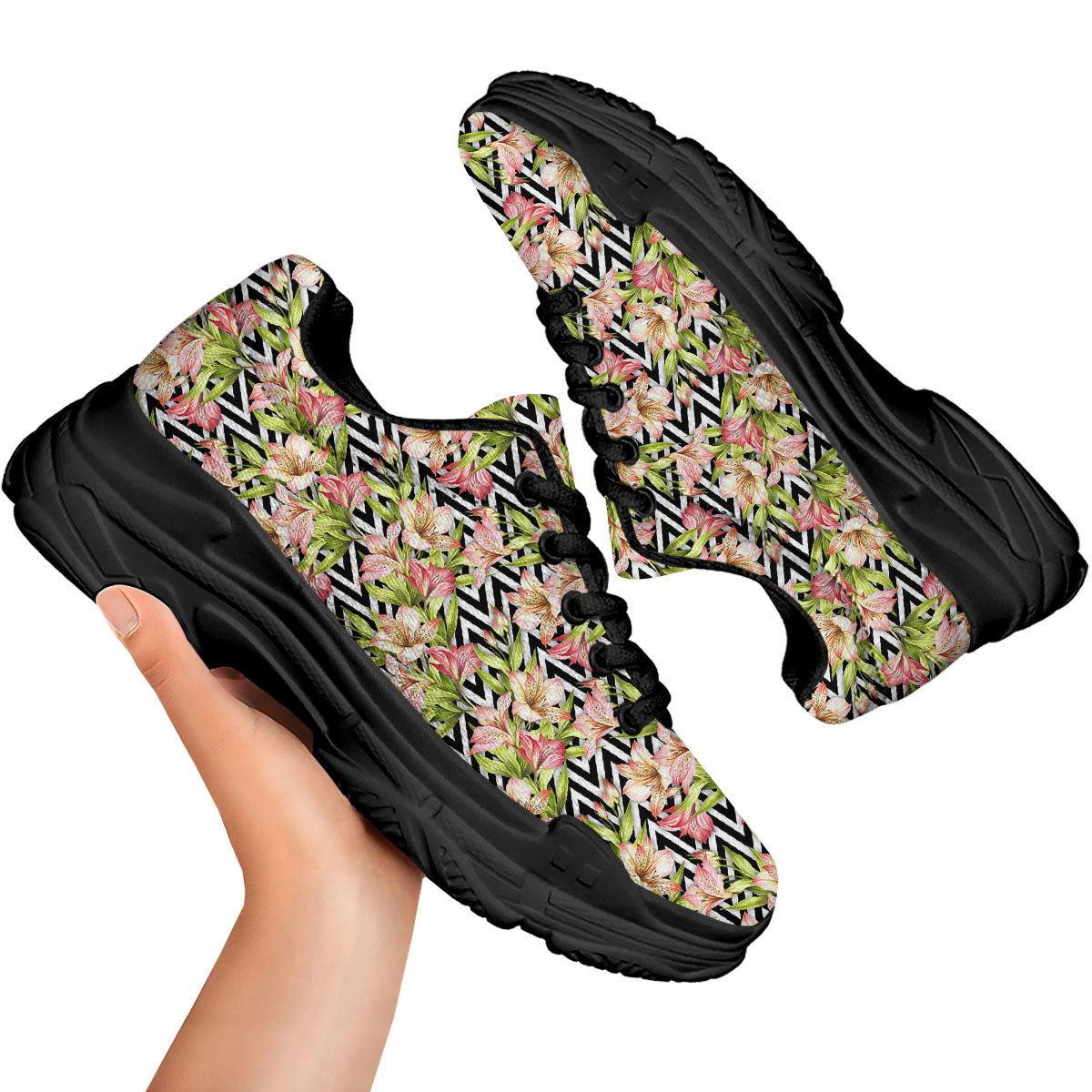 Zigzag Alstroemeria Pastel Print Pattern Black Chunky Shoes-grizzshop