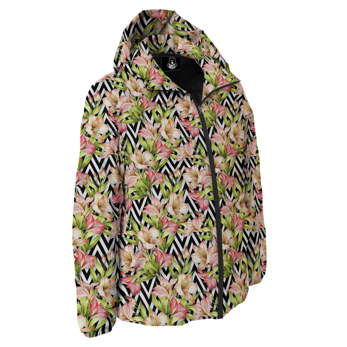 Zigzag Alstroemeria Pastel Print Pattern Down Jacket-grizzshop