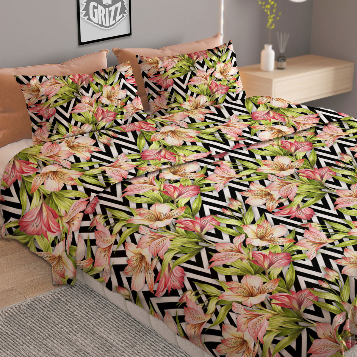 Zigzag Alstroemeria Pastel Print Pattern Duvet Cover Bedding Set