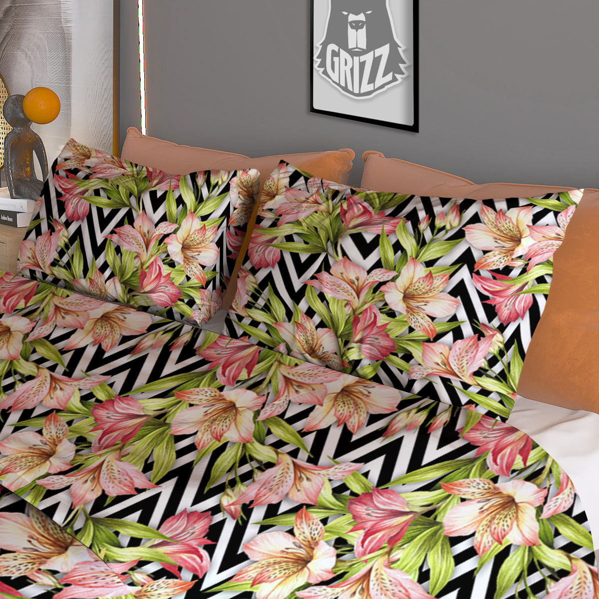 Zigzag Alstroemeria Pastel Print Pattern Duvet Cover Bedding Set