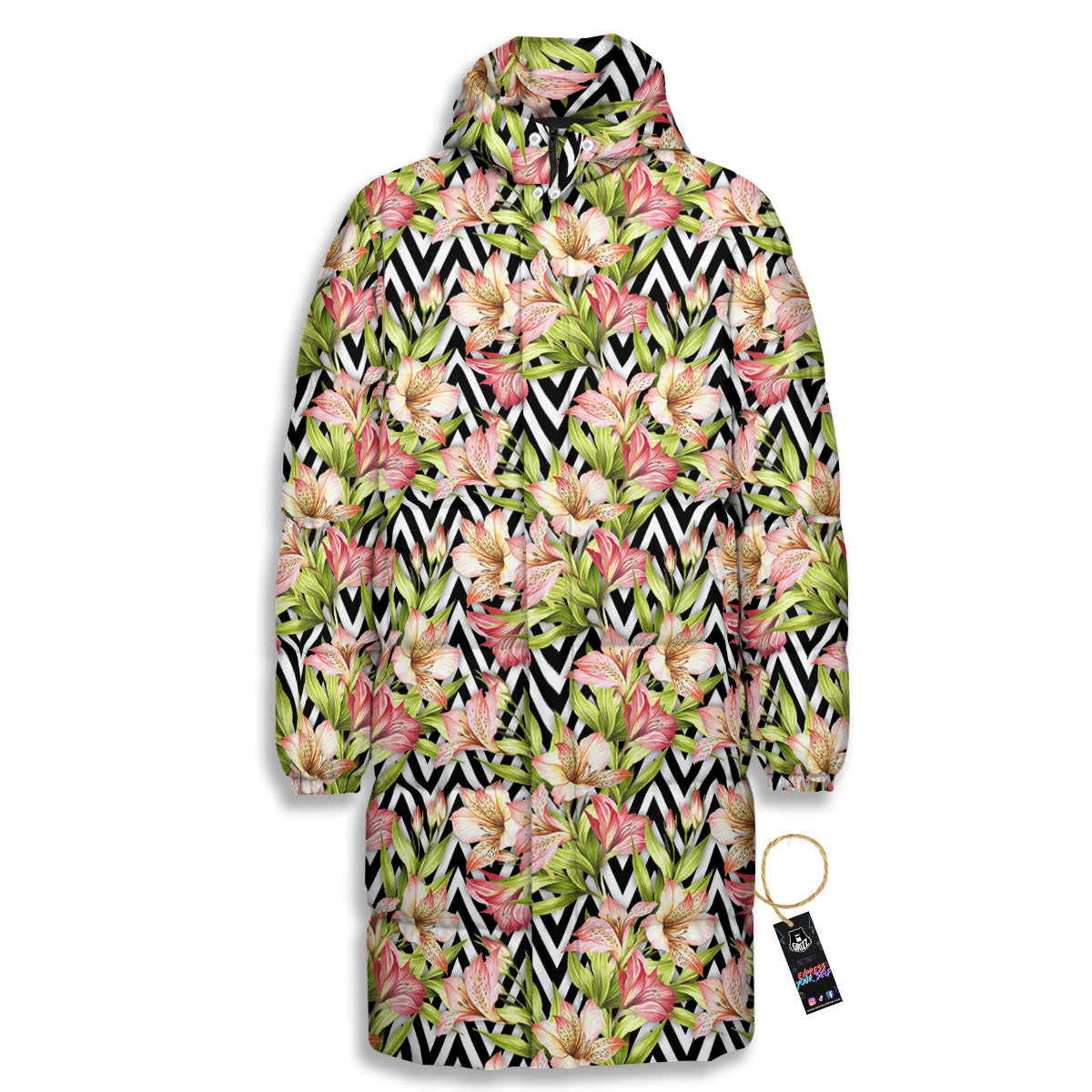 Zigzag Alstroemeria Pastel Print Pattern Long Down Jacket-grizzshop