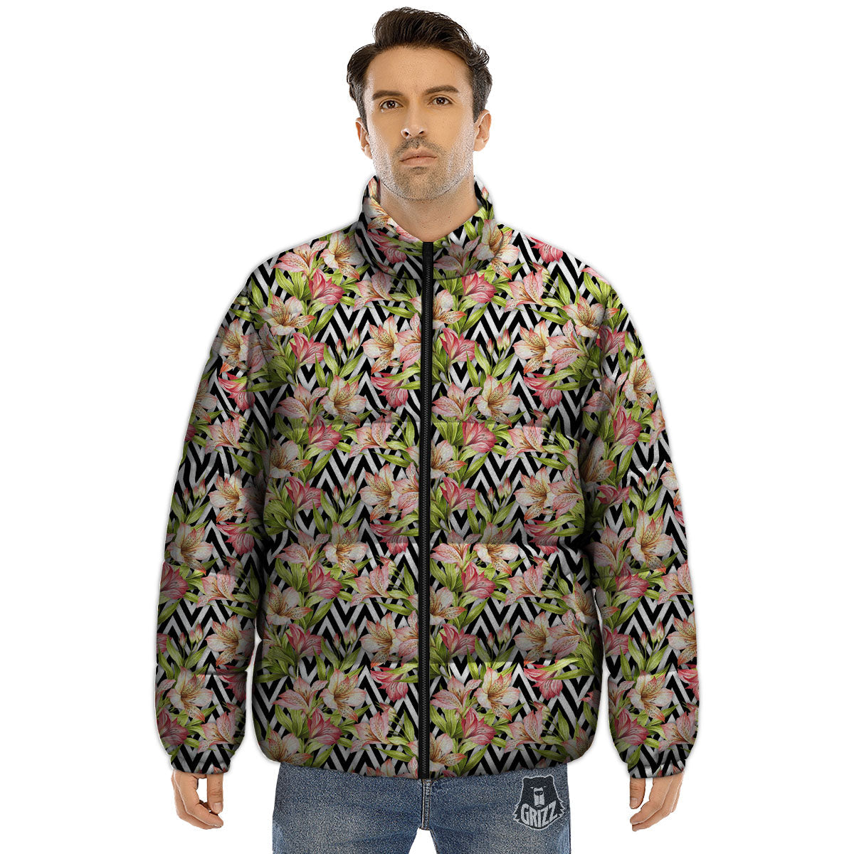 Zigzag Alstroemeria Pastel Print Pattern Puffer Jacket-grizzshop