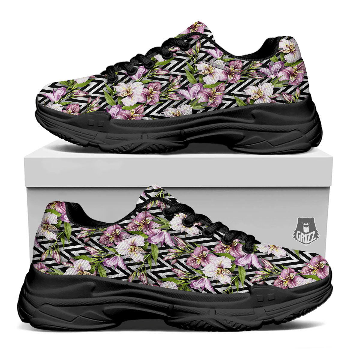 Zigzag Alstroemeria Purple Print Pattern Black Chunky Shoes-grizzshop
