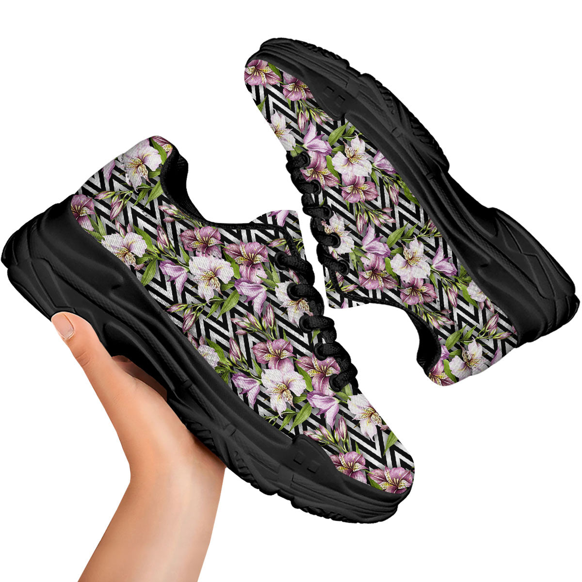 Zigzag Alstroemeria Purple Print Pattern Black Chunky Shoes-grizzshop