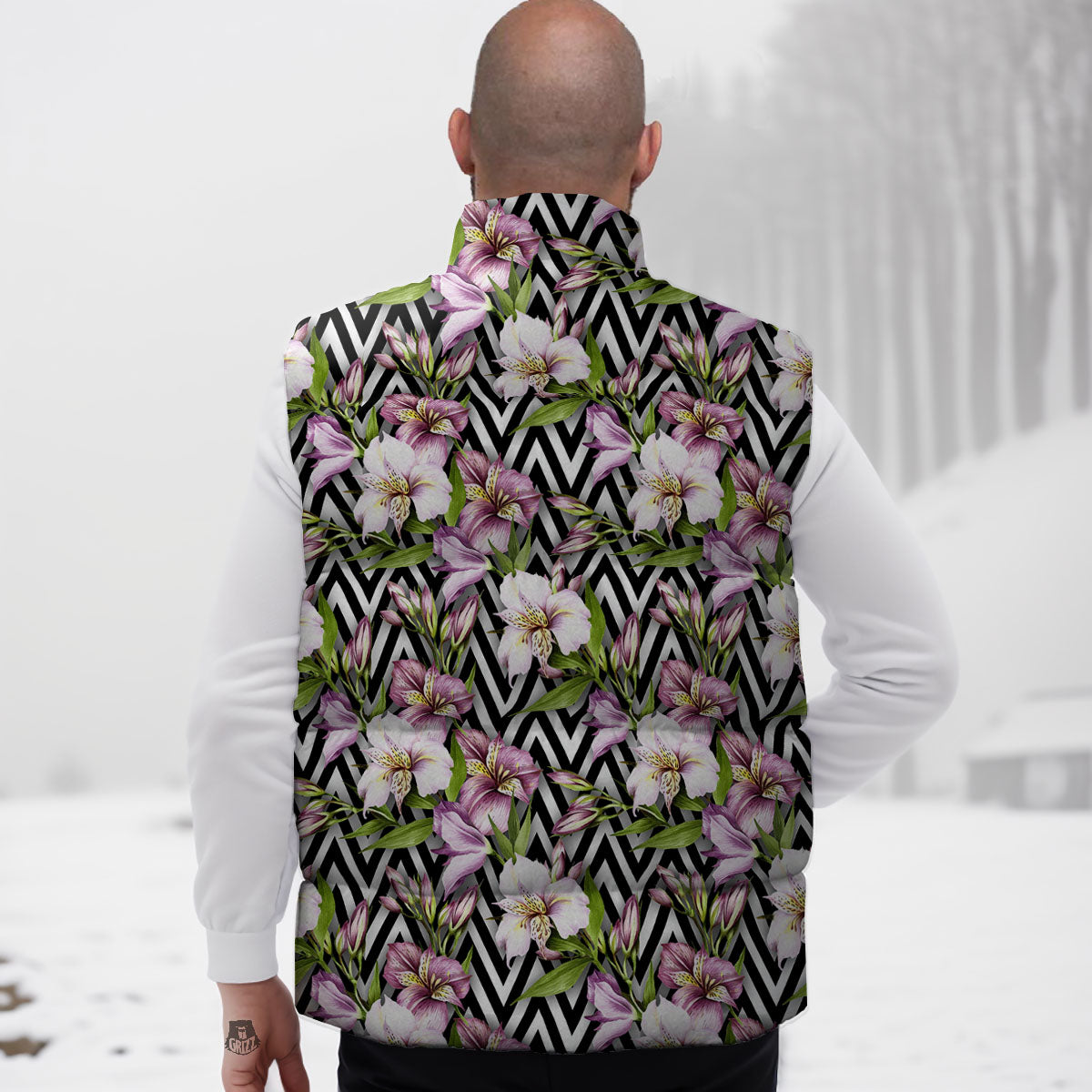 Zigzag Alstroemeria Purple Print Pattern Down Vest