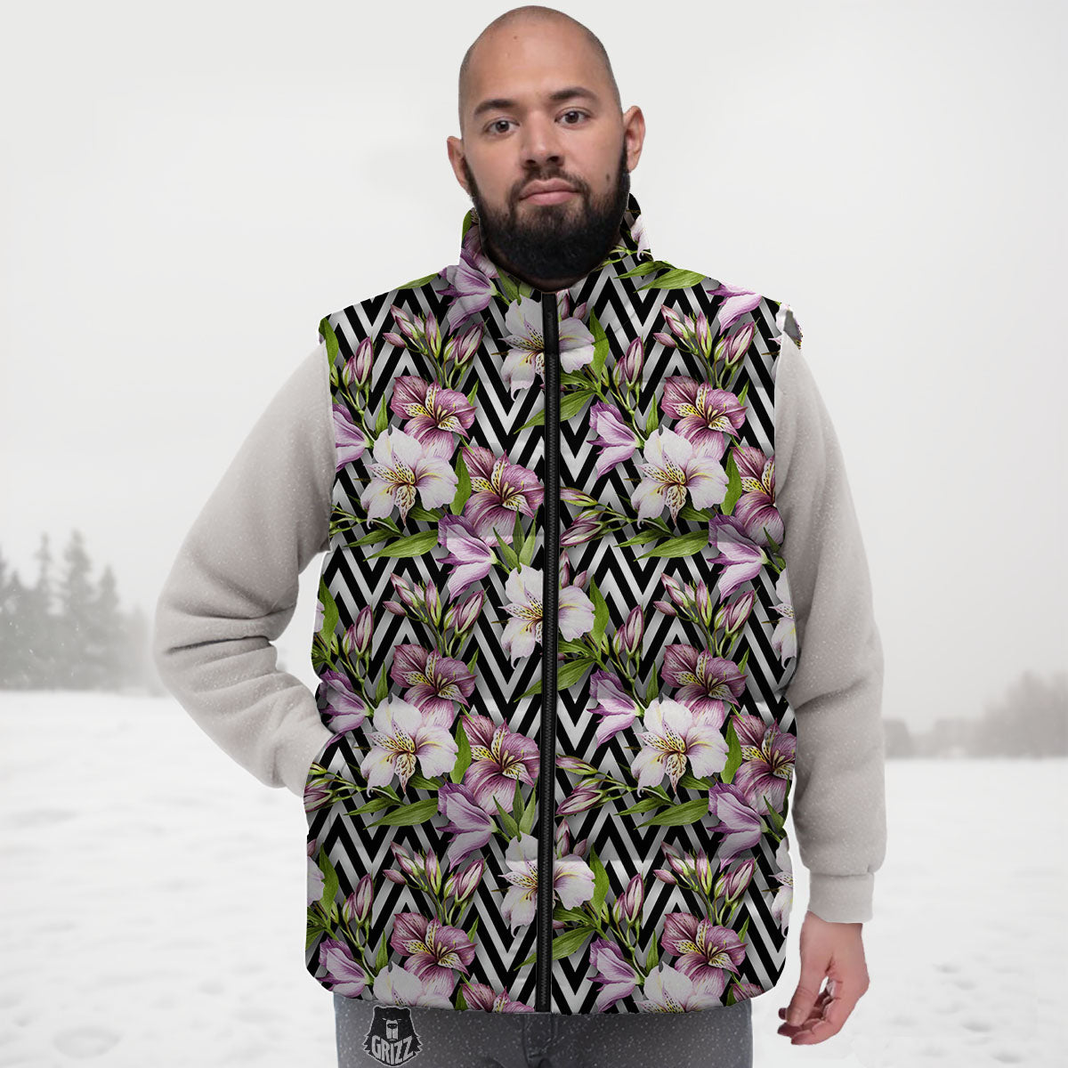 Zigzag Alstroemeria Purple Print Pattern Down Vest