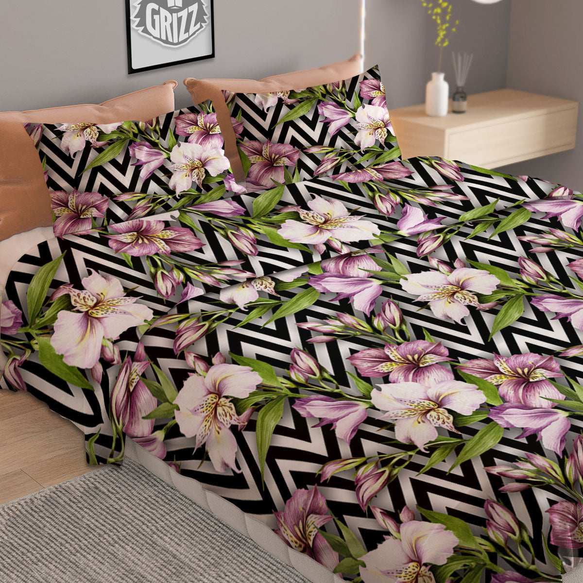 Zigzag Alstroemeria Purple Print Pattern Duvet Cover Bedding Set