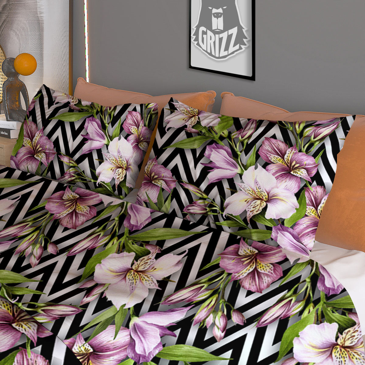 Zigzag Alstroemeria Purple Print Pattern Duvet Cover Bedding Set