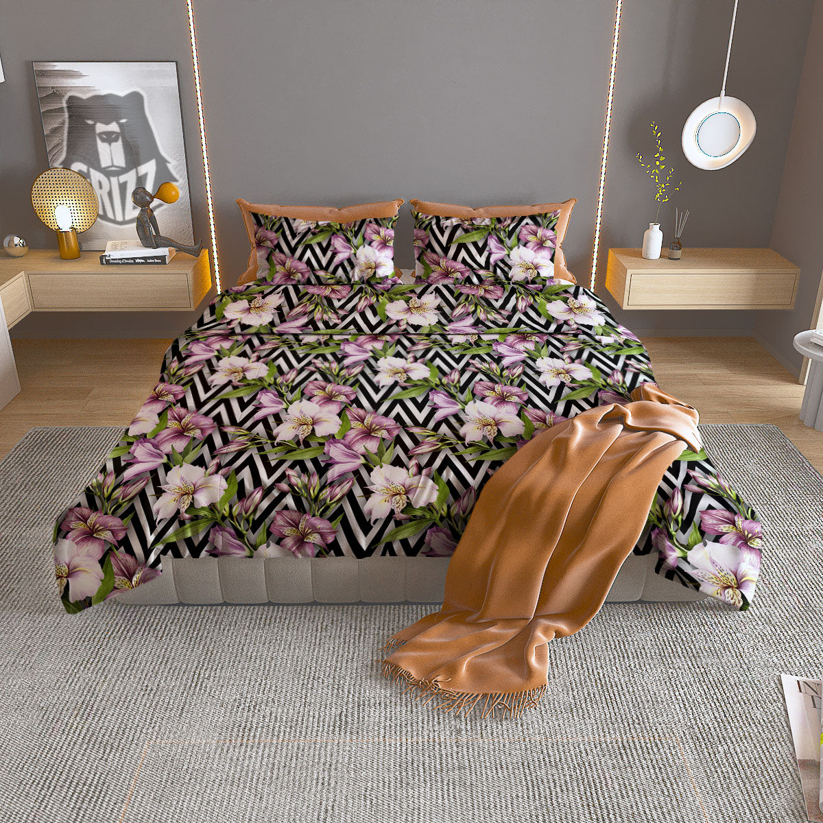 Zigzag Alstroemeria Purple Print Pattern Duvet Cover Bedding Set