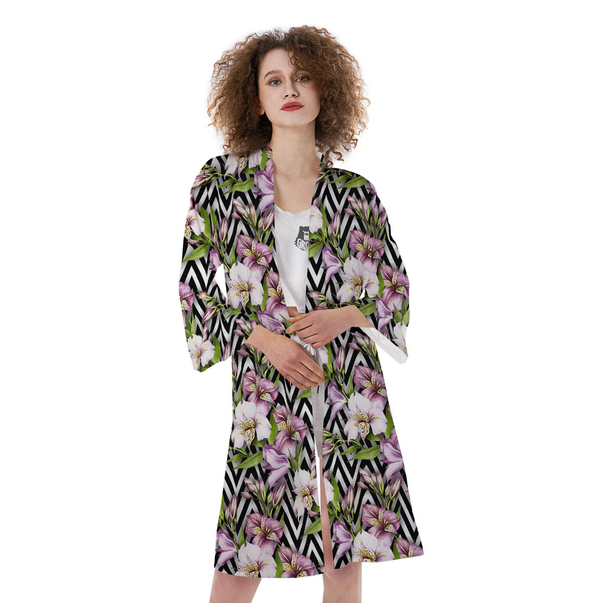 Zigzag Alstroemeria Purple Print Pattern Kimono-grizzshop