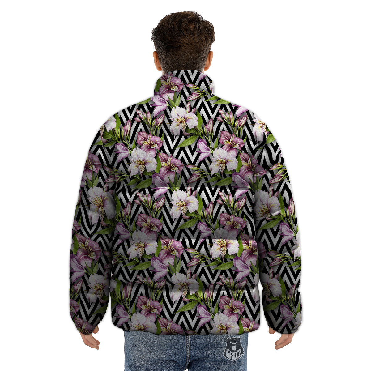 Zigzag Alstroemeria Purple Print Pattern Puffer Jacket-grizzshop